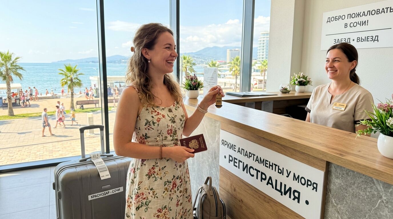 Гость-турист с чемоданом заселяется в светлые апартаменты у моря в Сочи, ключи в руке, довольное лицо