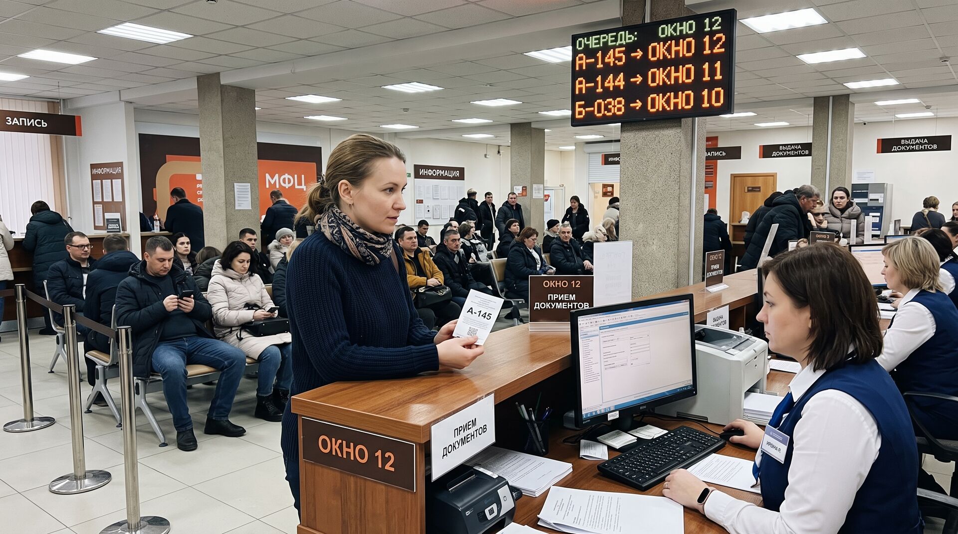 Зал МФЦ госуслуг с электронным табло и посетителями в очереди