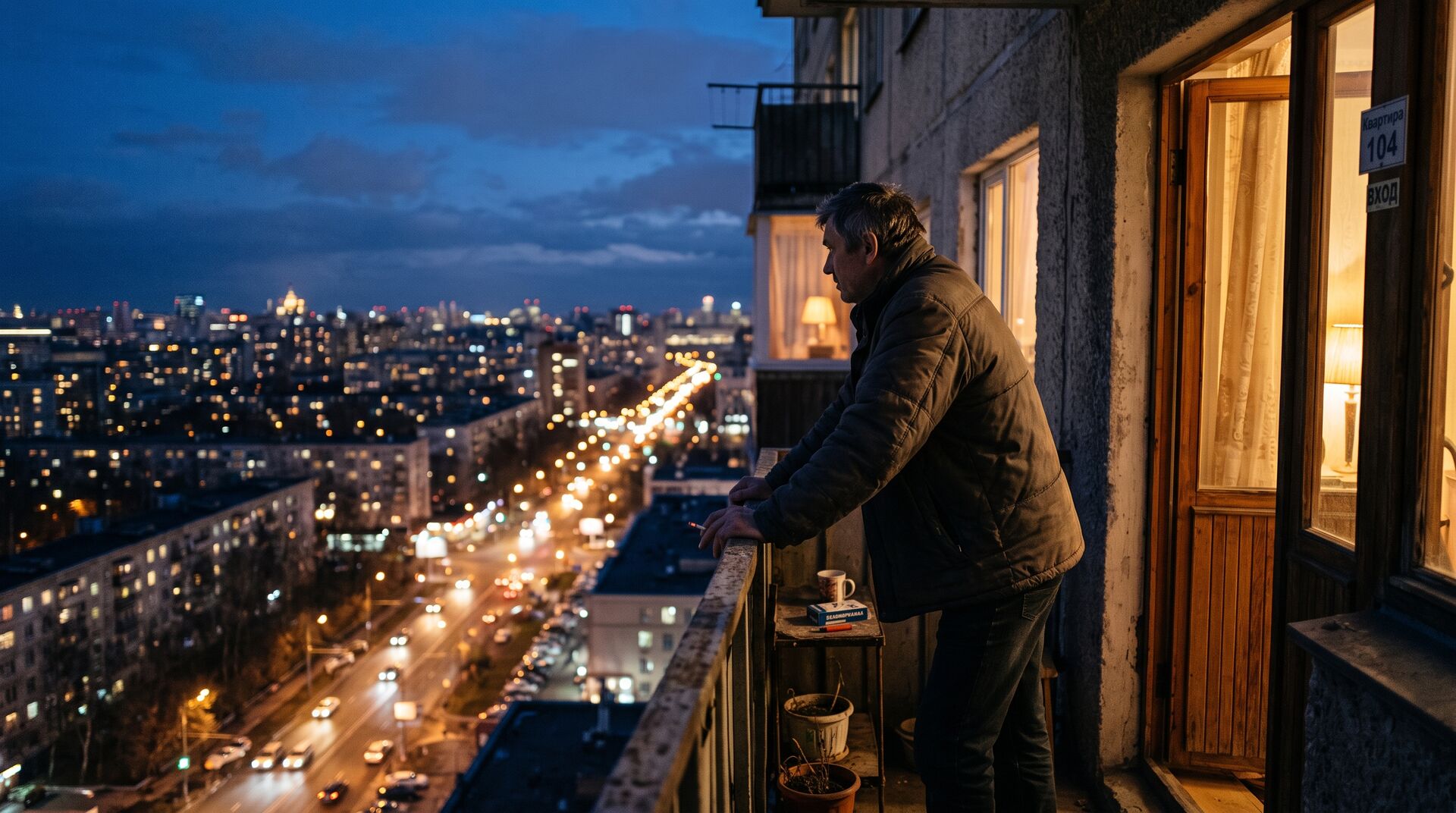 Мужчина на балконе многоэтажки смотрит на вечерние огни города